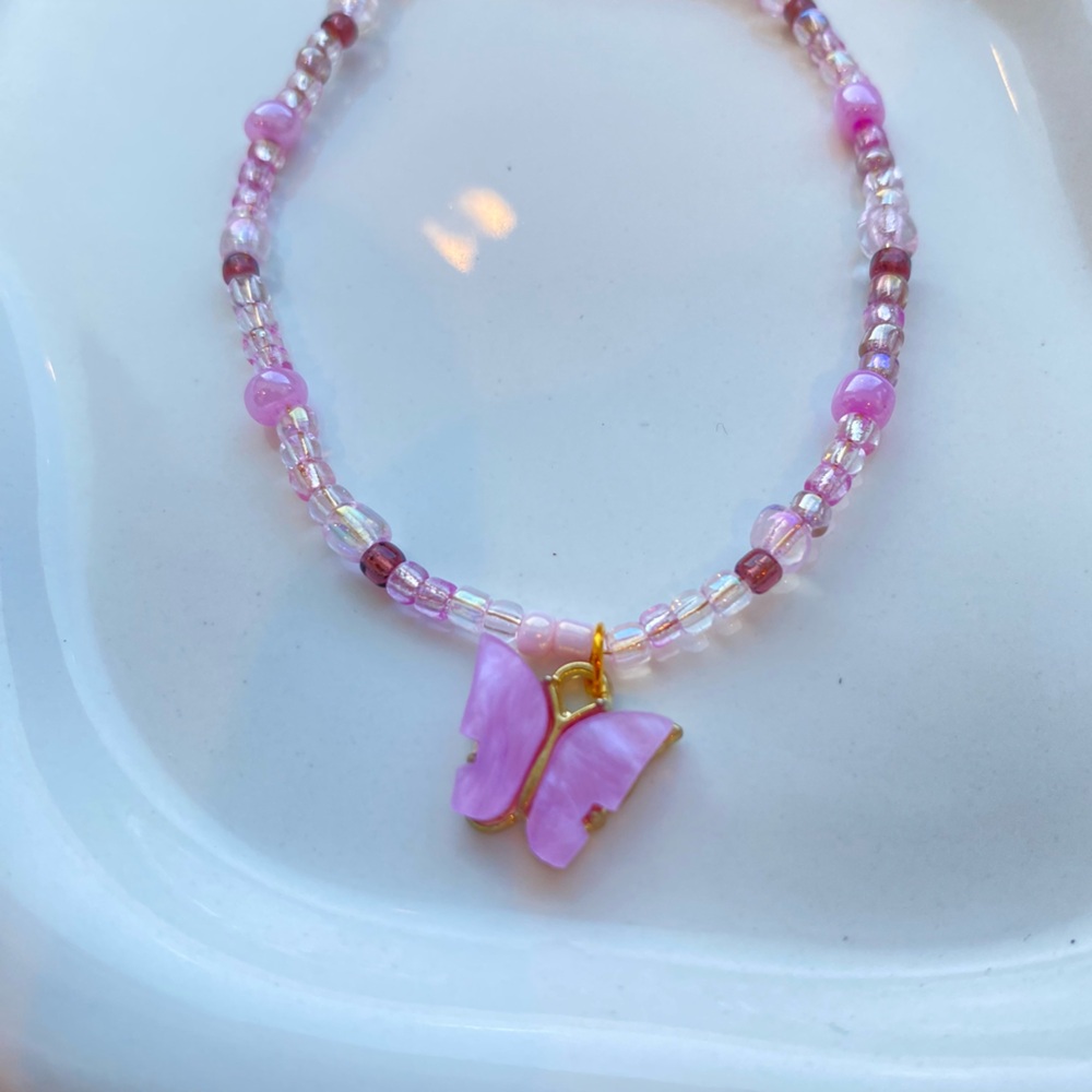 (SOLD) Handmade Pink Butterfly Beaded Bracelet with Gold Accents - Picture 2 of 3